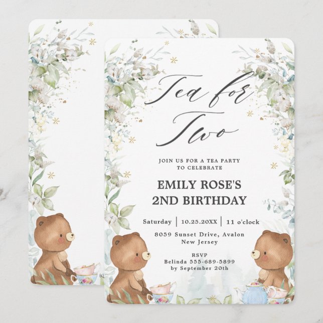 Cute Teddy Bears Tea for Two 2nd Birthday Party  Invitation (Front/Back)