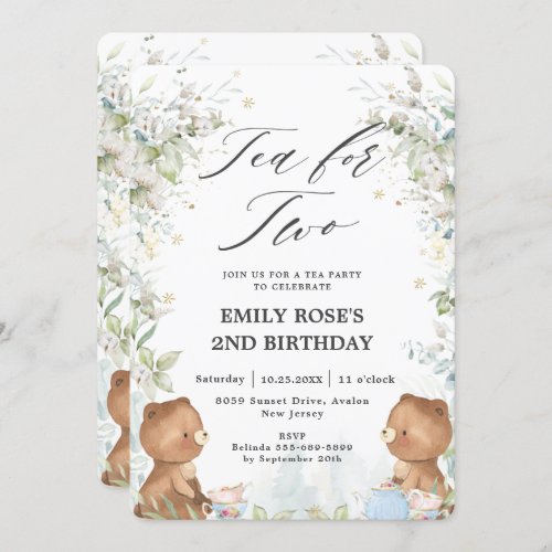 Cute Teddy Bears Tea for Two 2nd Birthday Party  Invitation