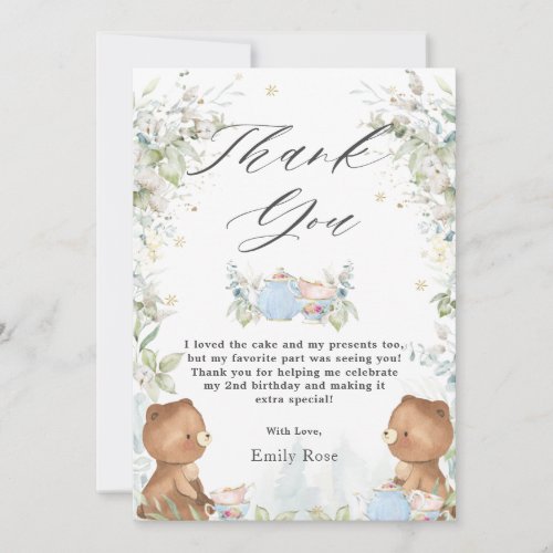 Cute Teddy Bears Tea for Two 2nd Birthday Party Thank You Card