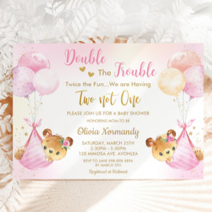 Cute Teddy Bears Twin Girls Twin Pink Baby Shower Invitation