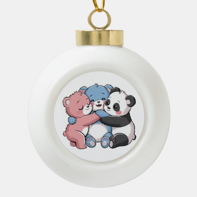 Cute Teddy Bears with Panda Ceramic Ball Christmas Ornament (Front)