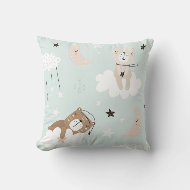 Cute Teddy Blue Throw Pillow for Nursery (Front)