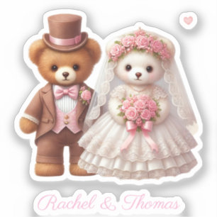 Cute Teddy Bride And Groom Wedding Custom Name Sticker
