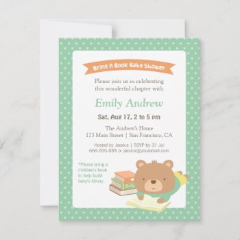 Cute Teddy Bring A Book Gender Neutral Baby Shower Invitation by RustyDoodle at Zazzle
