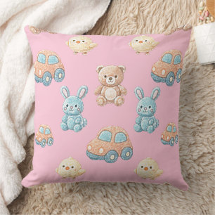 Cute Teddy & Bunny Kids Throw Pillow