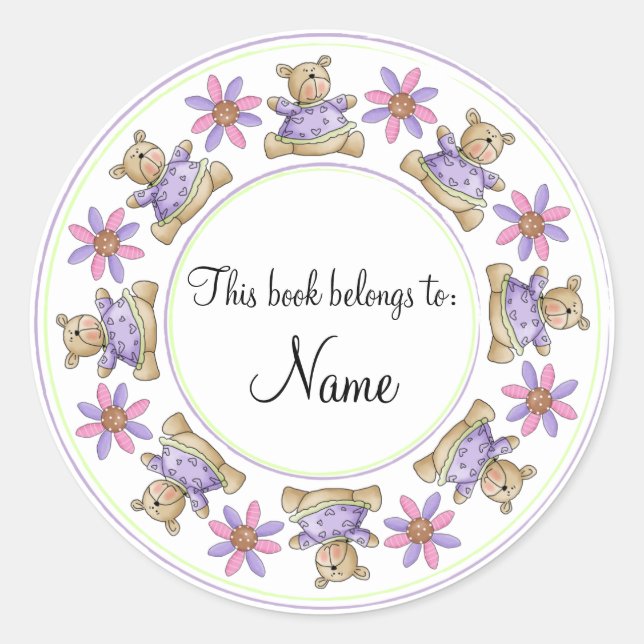 Cute teddy design border classic round sticker (Front)