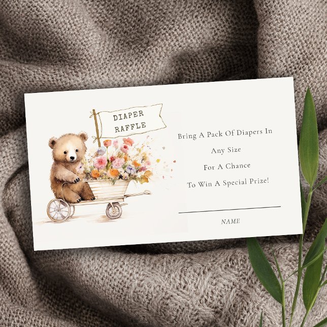 Cute Teddy Floral Cart Diaper Raffle Baby Shower Enclosure Card (Creator Uploaded)