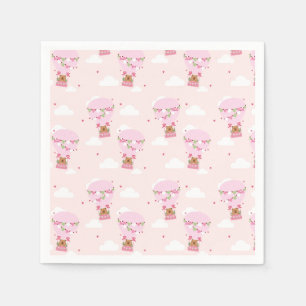 Cute Teddy Hot Air Balloon Pink Birthday Napkins
