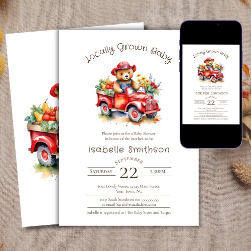 Cute Teddy Locally Grown Baby Shower Red Pickup Invitation