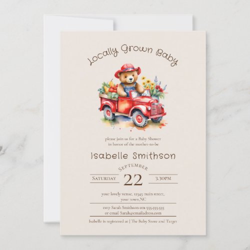 Cute Teddy Locally Grown Baby Shower Red Pickup Invitation