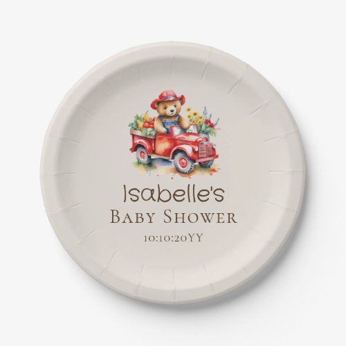 Cute Teddy Locally Grown Baby Shower Red Pickup  Paper Plates