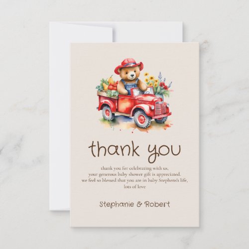Cute Teddy Locally Grown Baby Shower Red Pickup  Thank You Card