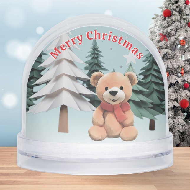 Cute Teddy Merry Christmas Custom Message Snow Globe (A personalized snowglobe with cute teddy picture, Merry Christmas greeting and snow scenes)
