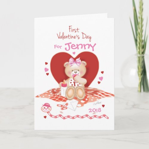 Cute teddy on Baby Girls 1st Holiday Card