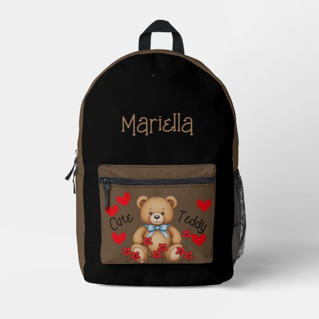 Cute Teddy Personalized your name black brown Printed Backpack (Front)