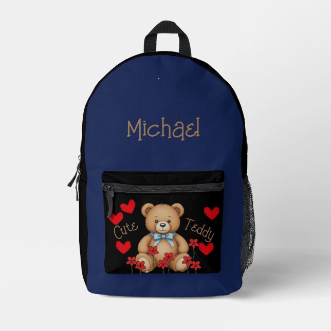Cute Teddy Personalized Your Name Blue Printed Backpack (Front)