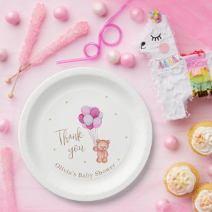 Cute Teddy Pink Balloon Thank You Baby Shower Paper Plates