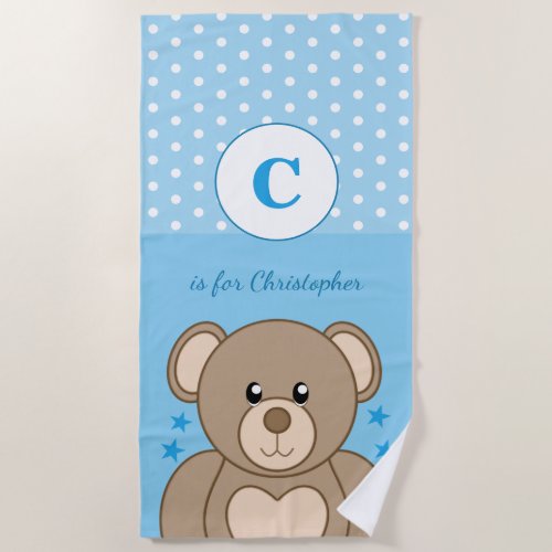 Cute teddy polka dots stars blue and white beach towel