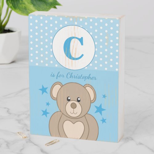 Cute teddy polka dots stars blue and white wooden box sign