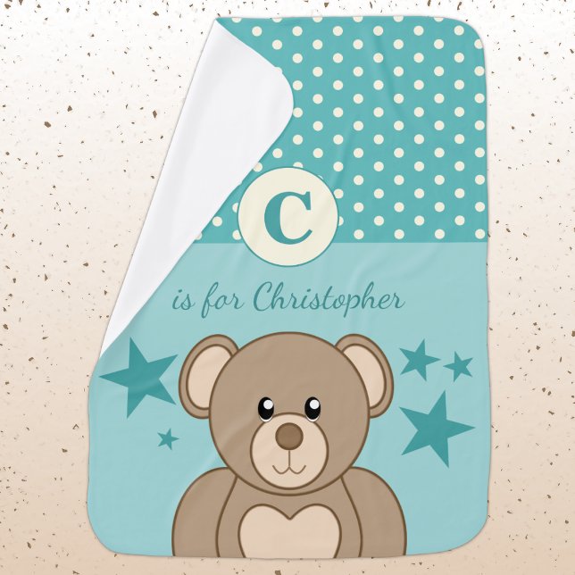 Cute teddy polka dots stars green and cream baby blanket (Creator Uploaded)