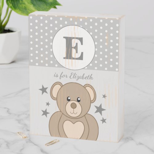 Cute teddy polka dots stars grey and white wooden box sign