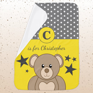 Cute teddy polka dots stars grey and yellow baby blanket