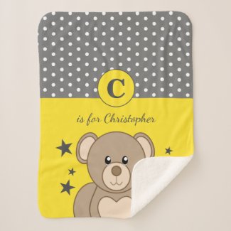 Cute teddy polka dots stars grey and yellow sherpa blanket