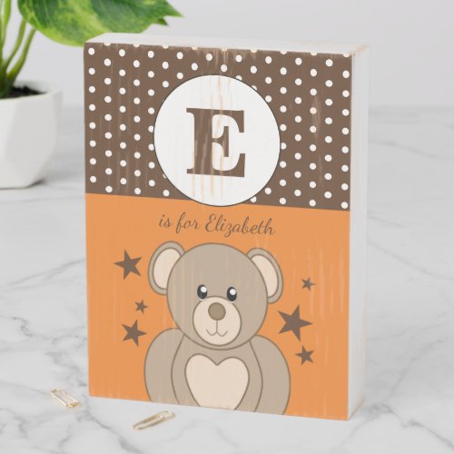 Cute teddy polka dots stars orange and brown wooden box sign