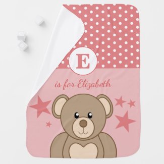 Cute teddy polka dots stars pink and white baby blanket