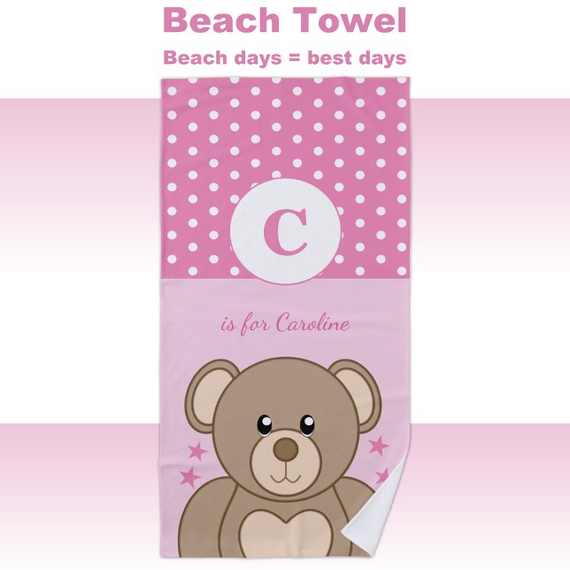 Cute teddy polka dots stars pink and white beach towel (Creator Uploaded)