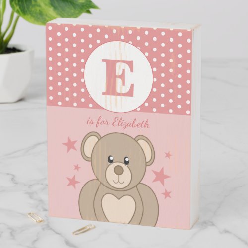 Cute teddy polka dots stars pink and white wooden box sign