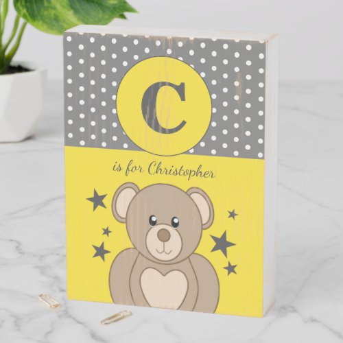 Cute teddy polka dots stars yellow and grey wooden box sign