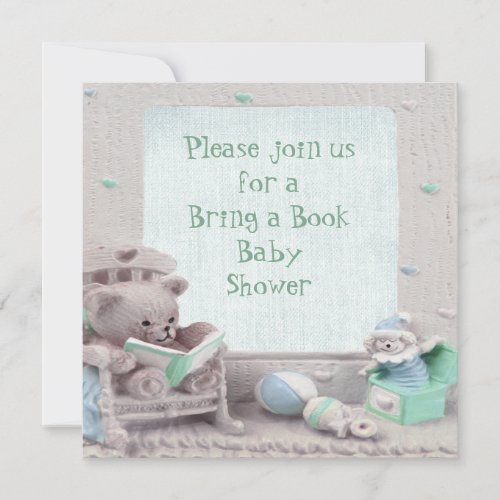Cute Teddy Reading Bring a Book Baby Shower Invitation