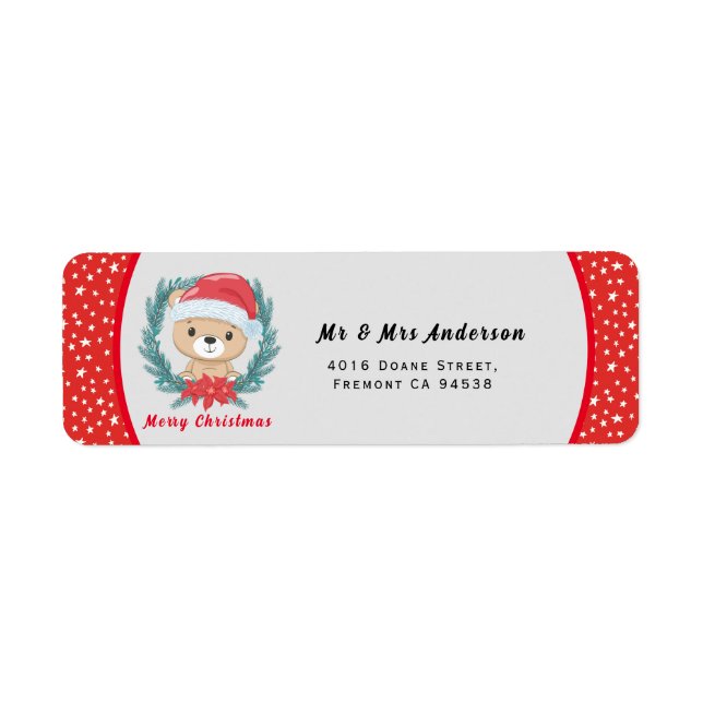 Cute Teddy Red and White Stars Merry Christmas  Label (Front)