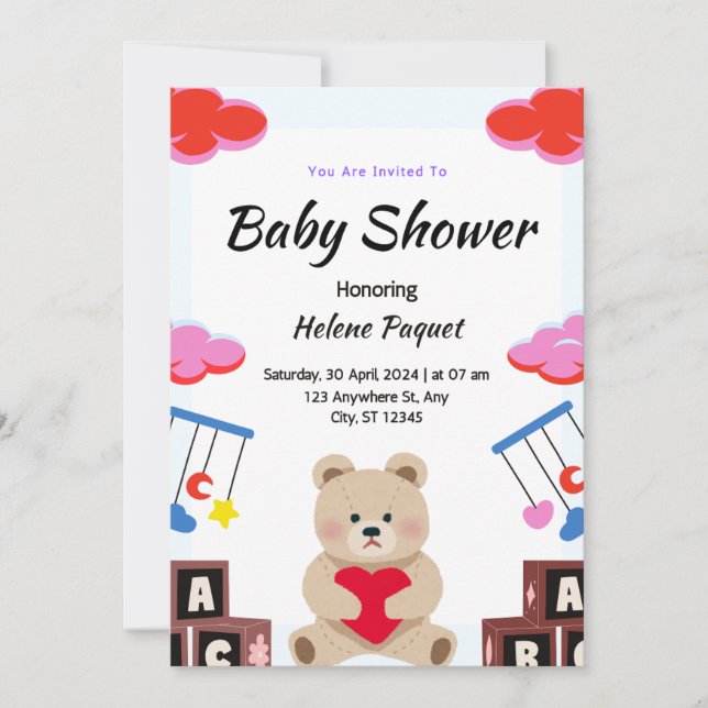 Cute Teddy toy Custom Baby Boy Shower Invitations  (Front)