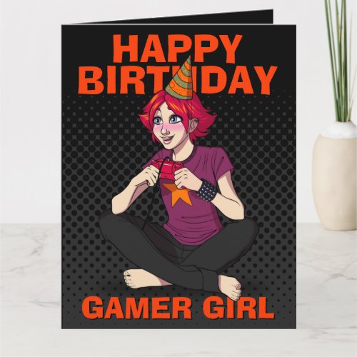 Cute Teen Gamer Girl Black Cartoon Birthday Card