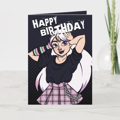 Cute Teen Punk Girl Black Cartoon Birthday Card