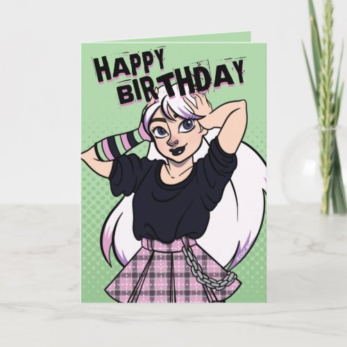Cute Teen Punk Girl Green Cartoon Birthday Card