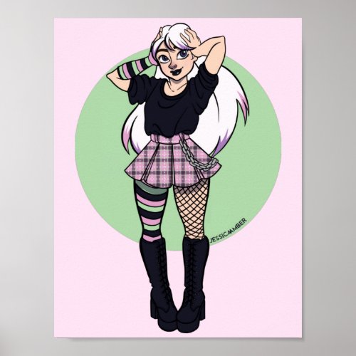 Cute Teen Punk Girl Pink Green Manga Illustration Poster