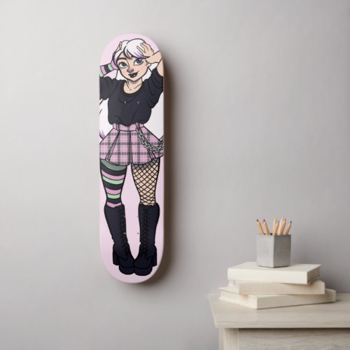 Cute Teen Punk Girl Pink Green Manga Illustration Skateboard