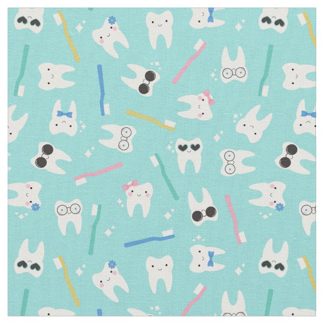 Cute Teeth Pediatric Dentistry Turquoise Pattern Fabric (Close Up)