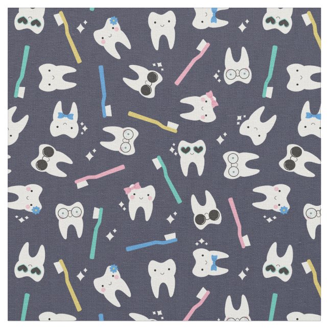 Cute Teeth Toothbrush Pediatric Dentistry Navy Fabric (Close Up)