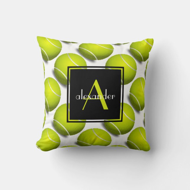 Cute Tennis Balls w Initial & Name, Customized Throw Pillow (Front)