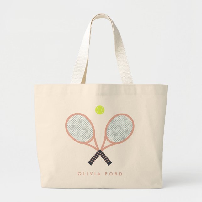 Cute Tennis Custom Name Rose Gold Racket Large Tote Bag (Front)