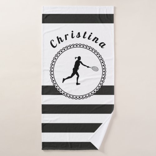 Cute Tennis Girl Black  White Personalized Player Bath Towel Set