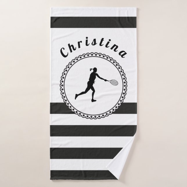 Cute Tennis Girl Black & White Personalized Player Bath Towel Set (Bath Towel)
