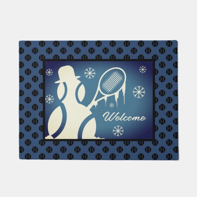 Cute tennis snowman winter welcome doormat (Front)