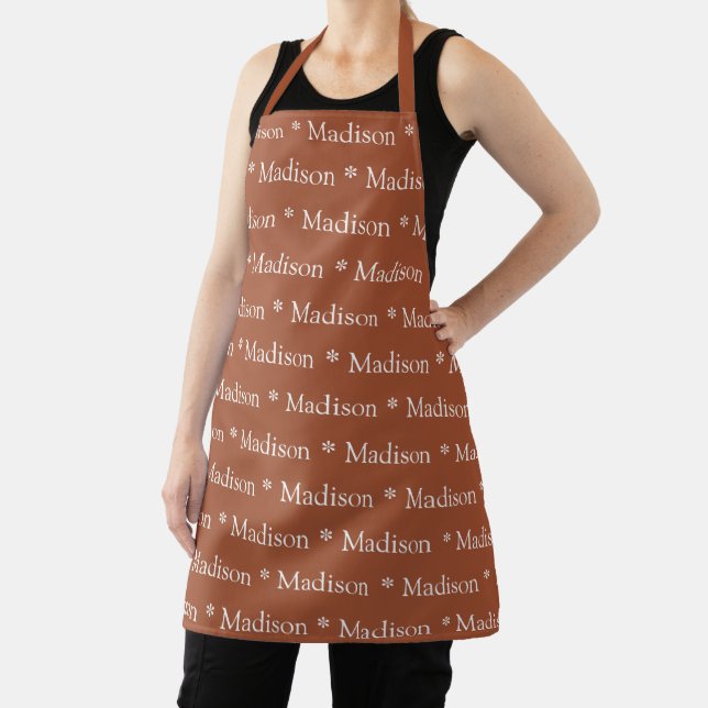 Cute terracotta custom name text monogram pattern apron (Insitu)