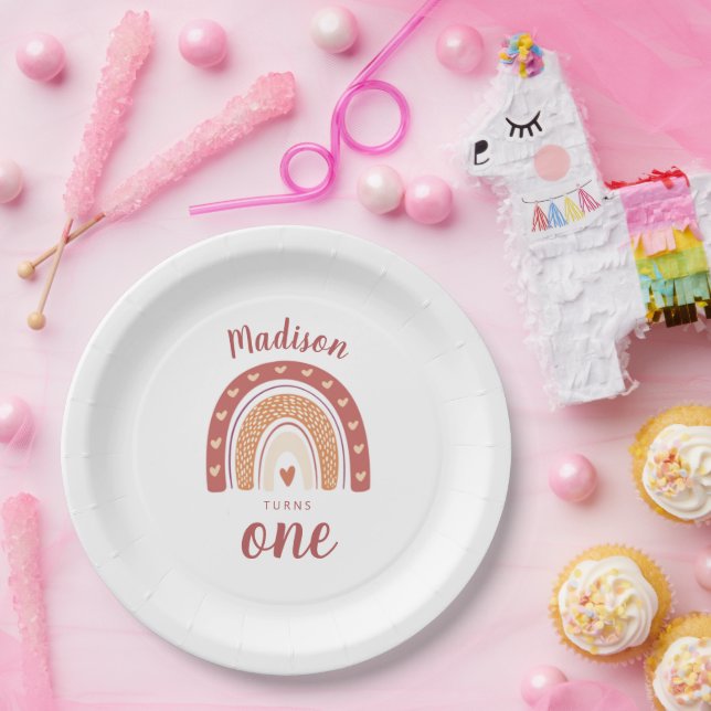 Cute Terracotta Rainbow Boho First Birthday Paper Paper Plates (Party)