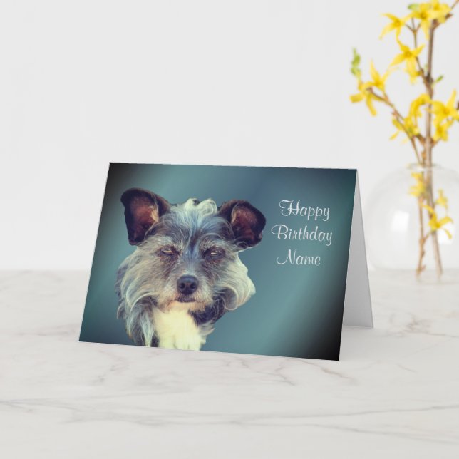 Cute Terrier Mix Mutt Personalized Birthday Card (Yellow Flower)